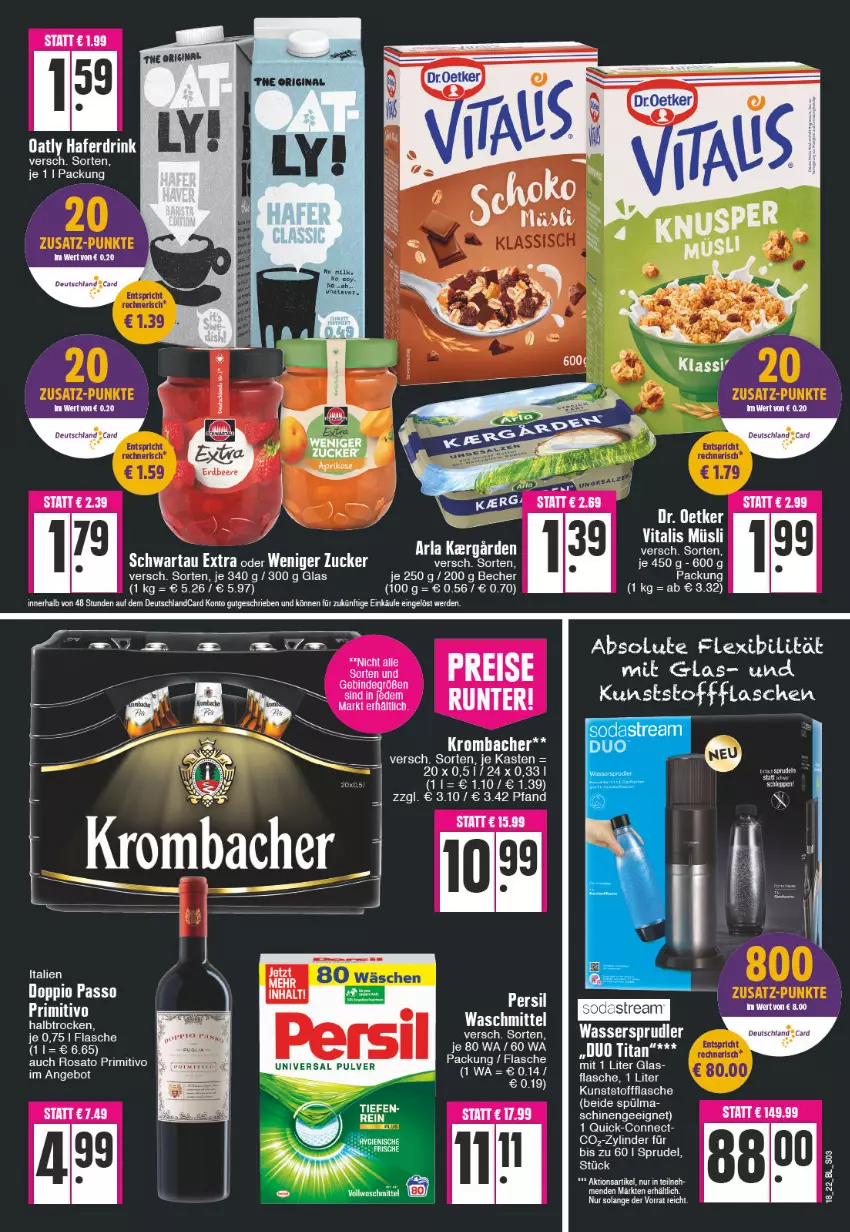 Aktueller Prospekt Edeka - Angebote der Woche - von 02.05 bis 07.05.2022 - strona 3 - produkty: angebot, arla, Bau, Becher, deutschlandcard, doppio passo, drink, eis, erde, flasche, hafer, Haferdrink, krombache, krombacher, müsli, passo, primitivo, reis, rosato, Soda, sodastream, Sprudel, tee, Ti, vita, vitalis, vitalis müsli, waschmittel, wasser, wassersprudler