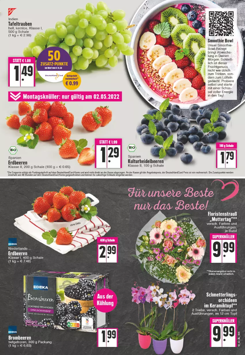 Aktueller Prospekt Edeka - Angebote der Woche - von 02.05 bis 07.05.2022 - strona 5 - produkty: angebot, angebotspreis, beere, beeren, bier, Biere, brombeere, brombeeren, deutschlandcard, eis, erdbeere, erdbeeren, erde, frucht, heidelbeere, heidelbeeren, LG, Löffel, Mett, nuss, orchidee, orchideen, reis, rezept, ring, Schal, Schale, Schmetterling, smoothie, tafeltrauben, Ti, topf, trauben