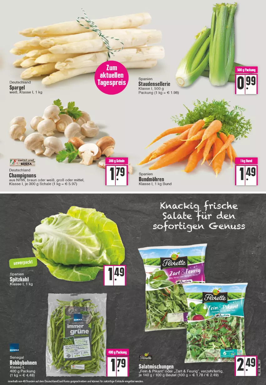 Aktueller Prospekt Edeka - Angebote der Woche - von 02.05 bis 07.05.2022 - strona 7 - produkty: beutel, bohne, bohnen, braun, Bundmöhren, champignon, champignons, deka, deutschlandcard, eis, elle, erde, möhren, reis, salat, salate, Schal, Schale, spargel, spitzkohl, stauden, Ti