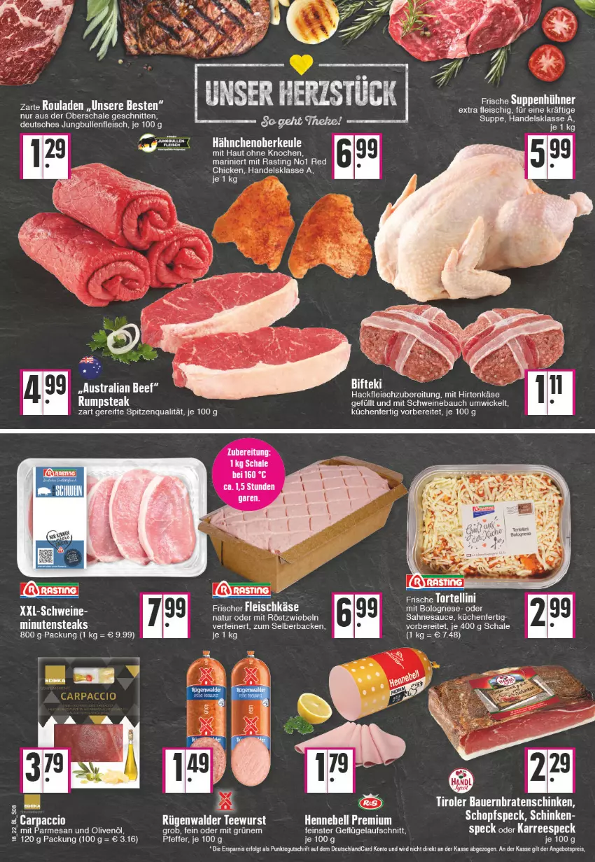 Aktueller Prospekt Edeka - Angebote der Woche - von 02.05 bis 07.05.2022 - strona 8 - produkty: angebot, angebotspreis, asti, auer, aufschnitt, aust, Bau, Bauer, beef, bolognese, braten, deka, deutschlandcard, eis, fleisch, fleischkäse, Geflügel, hackfleisch, hirtenkäse, hühner, jungbullen, Käse, küche, Küchen, LG, minutensteaks, mit röstzwiebeln, natur, olive, oliven, olivenöl, pfeffer, reis, röstzwiebeln, rouladen, rum, rumpsteak, sahne, sauce, Schal, Schale, schinken, schnitten, schwein, schweine, Schweinebauch, Speck, spitzenqualität, steak, steaks, suppe, Ti, torte, wein, weine, WICK, zwiebel, zwiebeln