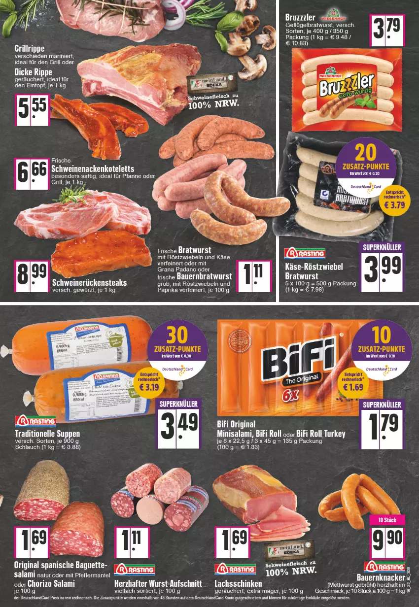 Aktueller Prospekt Edeka - Angebote der Woche - von 02.05 bis 07.05.2022 - strona 9 - produkty: auer, aufschnitt, baguette, Bau, Bauer, bifi, bratwurst, deutschlandcard, eintopf, eis, elle, erde, Geflügel, gewürz, gin, grana, grana padano, grill, Käse, knacker, lachs, lachsschinken, mac, mit röstzwiebeln, padano, paprika, pfanne, Rana, reis, röstzwiebeln, Rückensteak, rückensteaks, saft, salami, schinken, schlauch, schwein, schweine, schweinerücken, steak, steaks, suppe, suppen, Ti, topf, wein, weine, wurst, zwiebel, zwiebeln