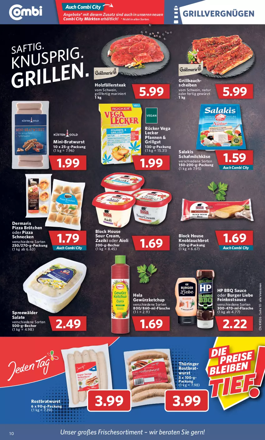 Aktueller Prospekt Combi - Prospekte - von 27.06 bis 02.07.2022 - strona 10 - produkty: aioli, angebot, angebote, Bau, bauchscheiben, Becher, bratwurst, brot, brötchen, burger, eis, feinkost, flasche, gewürz, gewürzketchup, grill, Grillbauch, Hela, Holz, HP, Käse, ketchup, knoblauch, LG, milch, natur, pfanne, pfannen, pizza, ring, rostbratwurst, saft, salakis, salat, salate, sauce, schwein, sour cream, spreewälder, steak, thüringer rostbratwurst, Ti, wein, wurst, zaziki