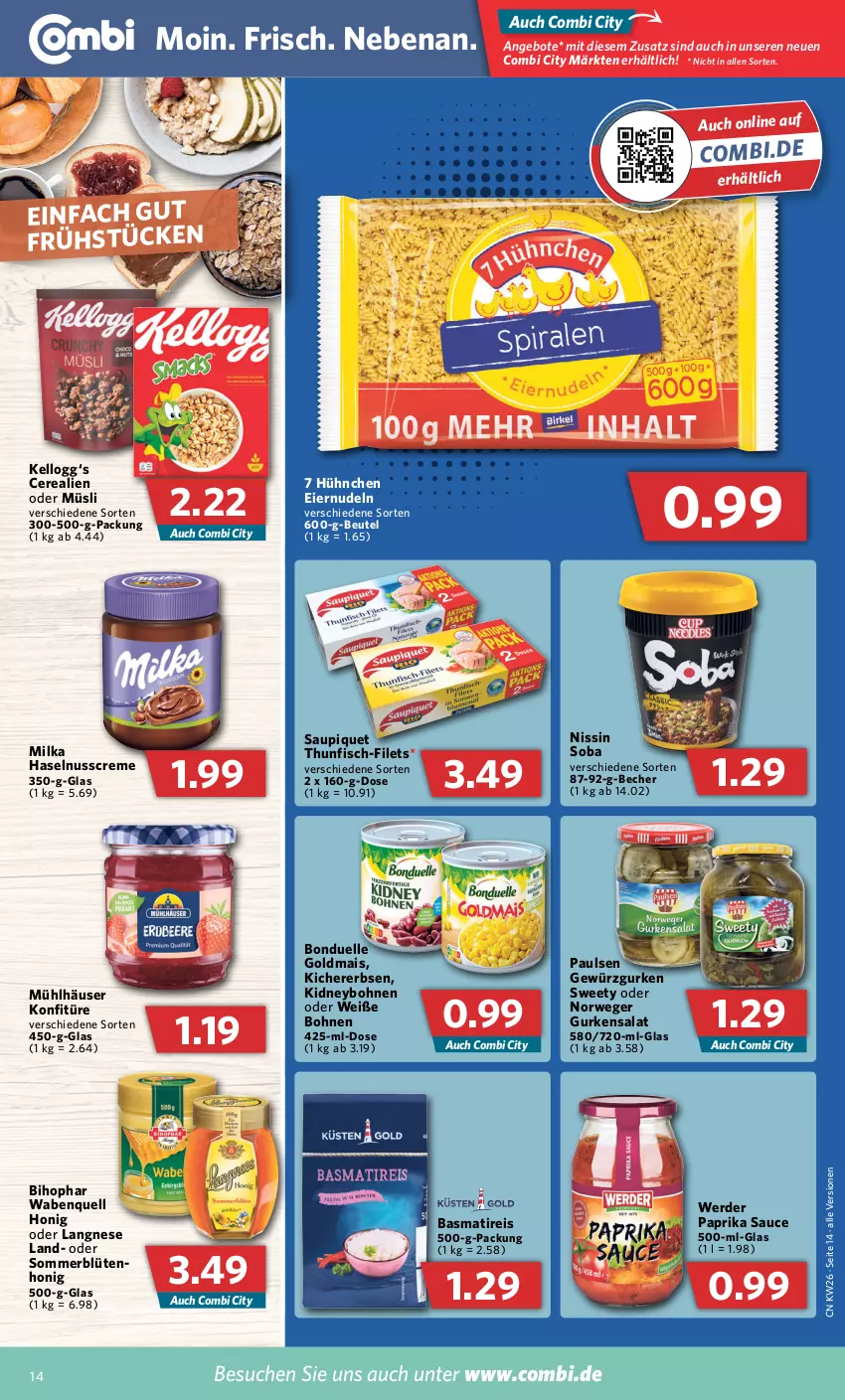 Aktueller Prospekt Combi - Prospekte - von 27.06 bis 02.07.2022 - strona 14 - produkty: angebot, angebote, basmati, Becher, beutel, bihophar, Blüte, blütenhonig, bohne, bohnen, bonduelle, bonduelle goldmais, cerealien, cerealien oder müsli, creme, eier, eiernudeln, eis, elle, erbsen, erde, filet, filets, fisch, gewürz, Gewürzgurke, gewürzgurken, Goldmais, gurke, gurken, gurkensalat, haselnuss, Haselnusscreme, honig, Kellogg‘s, kichererbsen, kidney, konfitüre, langnese, mais, milka, mühlhäuser, müsli, Nissin, nudel, nudeln, nuss, paprika, reis, rwe, salat, sauce, saupiquet, thunfisch, Ti, Weiße Bohnen