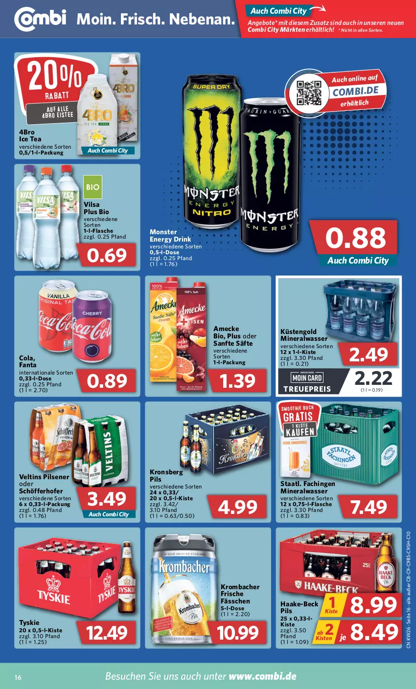 Aktueller Prospekt Combi - Prospekte - von 27.06 bis 02.07.2022 - strona 16 - produkty: Alwa, amecke, angebot, angebote, bio, buch, cola, drink, eis, eistee, energy drink, fanta, flasche, ice tea, krombache, krombacher, küstengold, mineralwasser, monster, Monster Energy, pils, pilsener, reis, säfte, schöfferhofer, smoothie, Staatl. Fachingen, tee, Ti, tyskie, veltins, veltins pilsener, vilsa, wasser