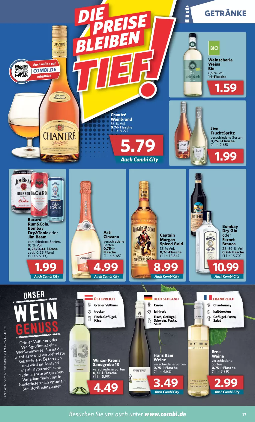 Aktueller Prospekt Combi - Prospekte - von 27.06 bis 02.07.2022 - strona 17 - produkty: asti, bacardi, bacardi rum, bio, bree, Cap, captain morgan, chantré, chardonnay, cin, cinzano, cola, cuvée, dry gin, eis, Fernet, fernet branca, fisch, flasche, frucht, Geflügel, getränk, getränke, gin, grüner veltliner, jim beam, Käse, pasta, rum, salat, schorle, schwein, Ti, tonic, wein, weinbrand, weine, weinschorle