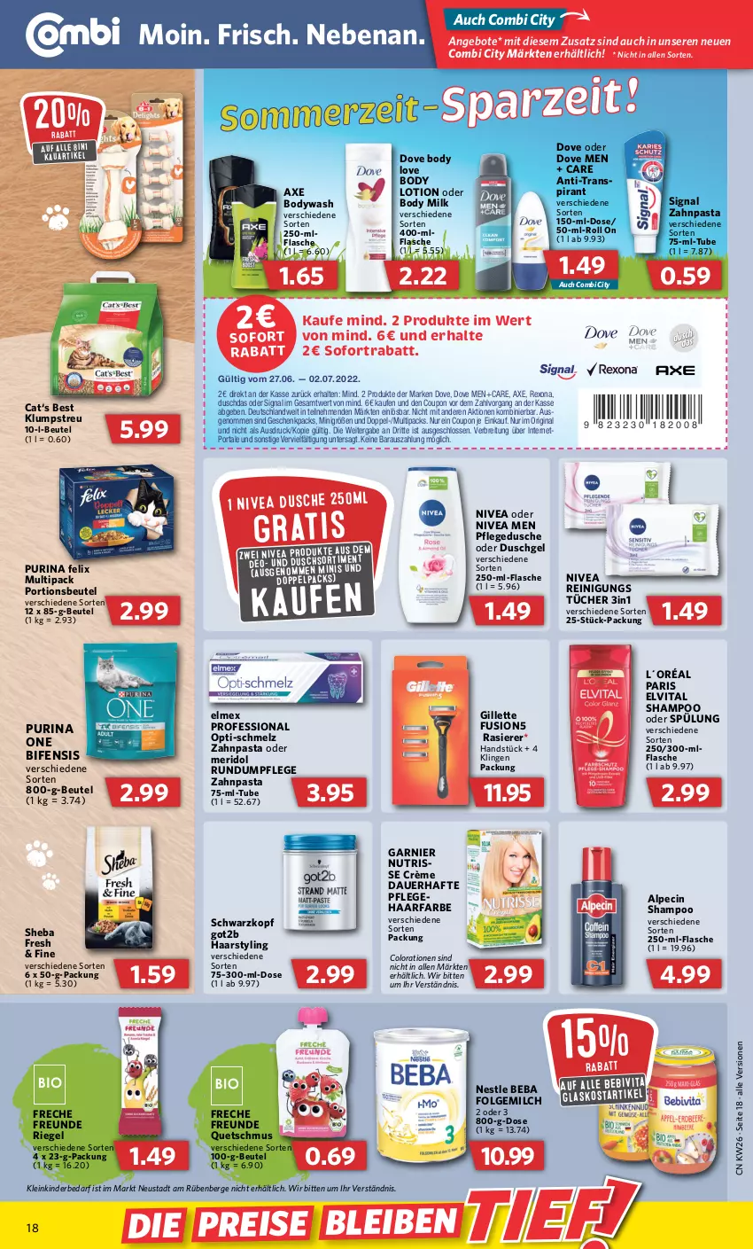 Aktueller Prospekt Combi - Prospekte - von 27.06 bis 02.07.2022 - strona 18 - produkty: alpecin, angebot, angebote, auer, axe, Beba, bebivita, beutel, body, body lotion, body milk, Brei, cin, Colorationen, coupon, deo, dove, duschdas, dusche, duschgel, eis, elmex, elvital, felix, flasche, folgemilch, freche freunde, fusion5, garnier, gillette, gin, got2b, Kinder, klumpstreu, L´Oréal, LG, Lotion, meridol, milch, nivea, Nivea Men, Nutrisse, pasta, pflegedusche, portionsbeutel, purina, rasierer, Reinigung, reis, rexona, riegel, schwarzkop, schwarzkopf, shampoo, shampoo oder spülung, sheba, Signal, sim, sofortrabatt, spülung, Ti, tücher, vita, zahnpasta