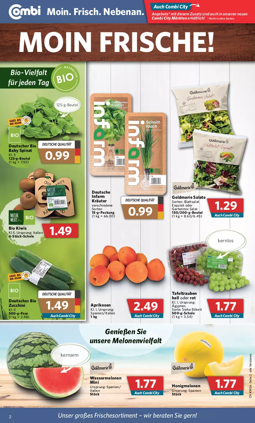 Aktueller Prospekt Combi - Prospekte - von 27.06 bis 02.07.2022 - strona 2 - produkty: angebot, angebote, aprikose, aprikosen, beutel, bio, Garten, goldmarie, honig, honigmelone, honigmelonen, kiwi, kräuter, melone, melonen, salat, salate, Schal, Schale, spinat, tafeltrauben, Ti, trauben, wasser, wassermelone, wassermelonen, zucchini