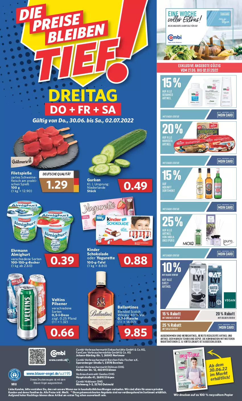 Aktueller Prospekt Combi - Prospekte - von 27.06 bis 02.07.2022 - strona 20 - produkty: almighur, almighurt, angebot, angebote, aqua, aquavit, auer, ball, Becher, Berger, blended scotch, blended scotch whisky, drucker, ehrmann, ehrmann almighurt, eis, Engel, erde, felix, filet, filets, fisch, fische, Fischer, flasche, fleisch, geback, gurke, gurken, hawesta, Ipuro, kerze, Kinder, kinder schokolade, nuss, oder yogurette, papier, pils, pilsener, Rauch, reis, rezept, schoko, schokolade, schwein, schweine, schweinefleisch, scotch, scotch whisky, sebamed, Tchibo, Ti, tisch, torte, veltins, veltins pilsener, wein, weine, whisky, Yo, yogurette