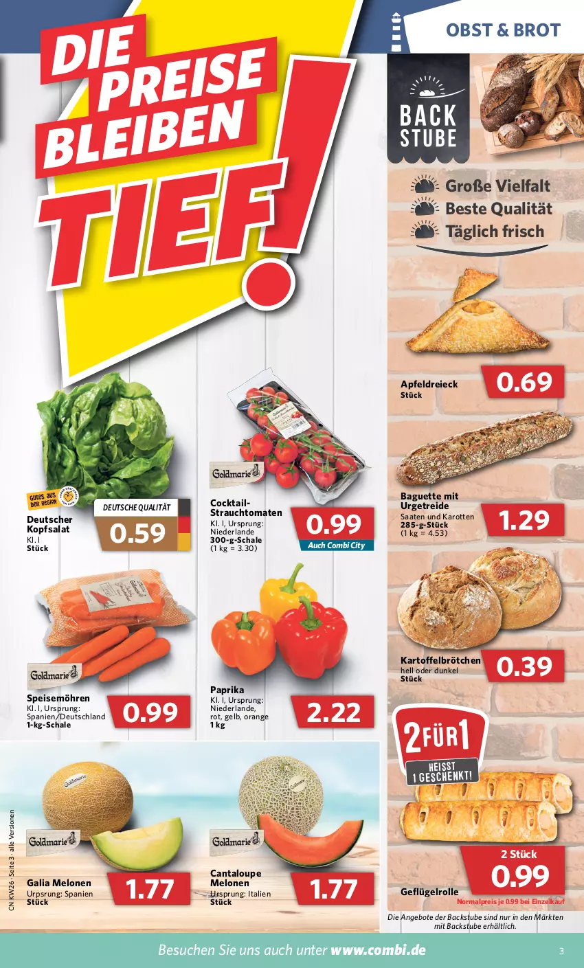 Aktueller Prospekt Combi - Prospekte - von 27.06 bis 02.07.2022 - strona 3 - produkty: angebot, angebote, apfel, baguette, brot, brötchen, cocktail, cocktails, eis, galia melonen, Geflügel, karotten, kartoffel, kopfsalat, melone, melonen, möhren, obst, orange, paprika, Rauch, reis, salat, Schal, Schale, speisemöhren, strauchtomaten, stube, tomate, tomaten