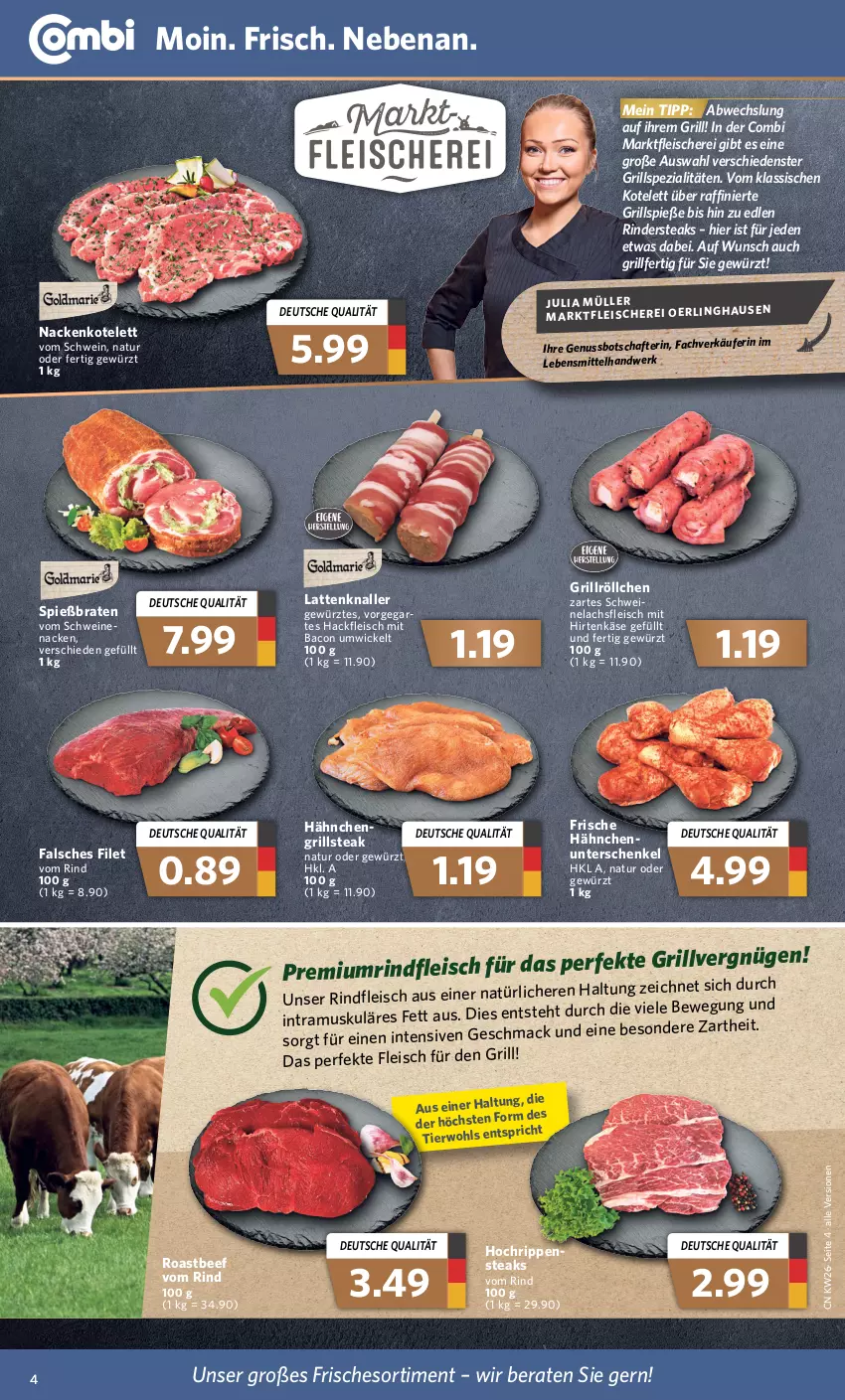 Aktueller Prospekt Combi - Prospekte - von 27.06 bis 02.07.2022 - strona 4 - produkty: bacon, beef, braten, eis, Falsches Filet, filet, fleisch, Fleischerei, Frische Hähnchen, gewürz, grill, Grillspieße, hackfleisch, henkel, hirtenkäse, Käse, kotelett, lachs, latte, lebensmittel, mac, natur, nuss, rind, rinder, Rindersteak, rindfleisch, Rippen, roastbeef, schenkel, Schere, schwein, schweine, Spezi, steak, steaks, Ti, wein, weine, WICK, ZTE