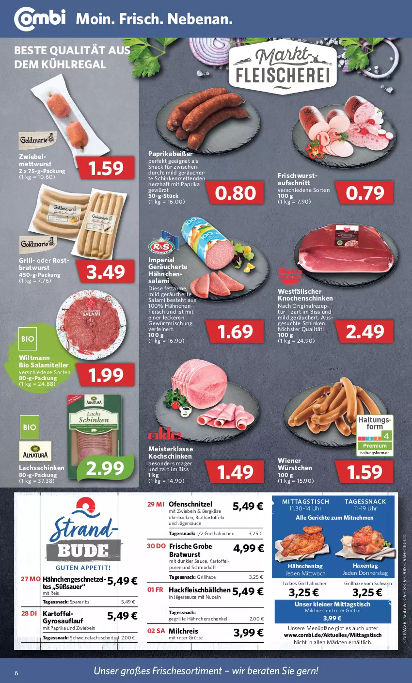 Aktueller Prospekt Combi - Prospekte - von 27.06 bis 02.07.2022 - strona 6 - produkty: auer, aufschnitt, aus dem kühlregal, axe, Bergkäse, bio, bratwurst, eis, elle, fleisch, Fleischbällchen, Gegrillte Hähnchenschenkel, gewürz, Gewürzmischung, gin, grill, grillhähnchen, grillhaxe, grobe bratwurst, grütze, gyros, hackfleisch, Hähnchenfleisch, hähnchenschenkel, Haxe, henkel, kartoffel, kartoffeln, Kartoffelpüree, Käse, kochschinken, kühlregal, lachs, lachsschinken, leine, Meister, Mett, metten, Mettenden, mettwurst, milch, milchreis, mit paprika, mit zwiebeln, nudel, nudeln, Ofen, paprika, püree, regal, reis, rezept, Ria, rostbratwurst, salami, sauce, schenkel, schinken, schnitzel, schwein, schweine, Schweinelachs, snack, spareribs, teller, Ti, tisch, uhr, wein, weine, wiener, wiener würstchen, wiltmann, wurst, würstchen, zwiebel, zwiebeln