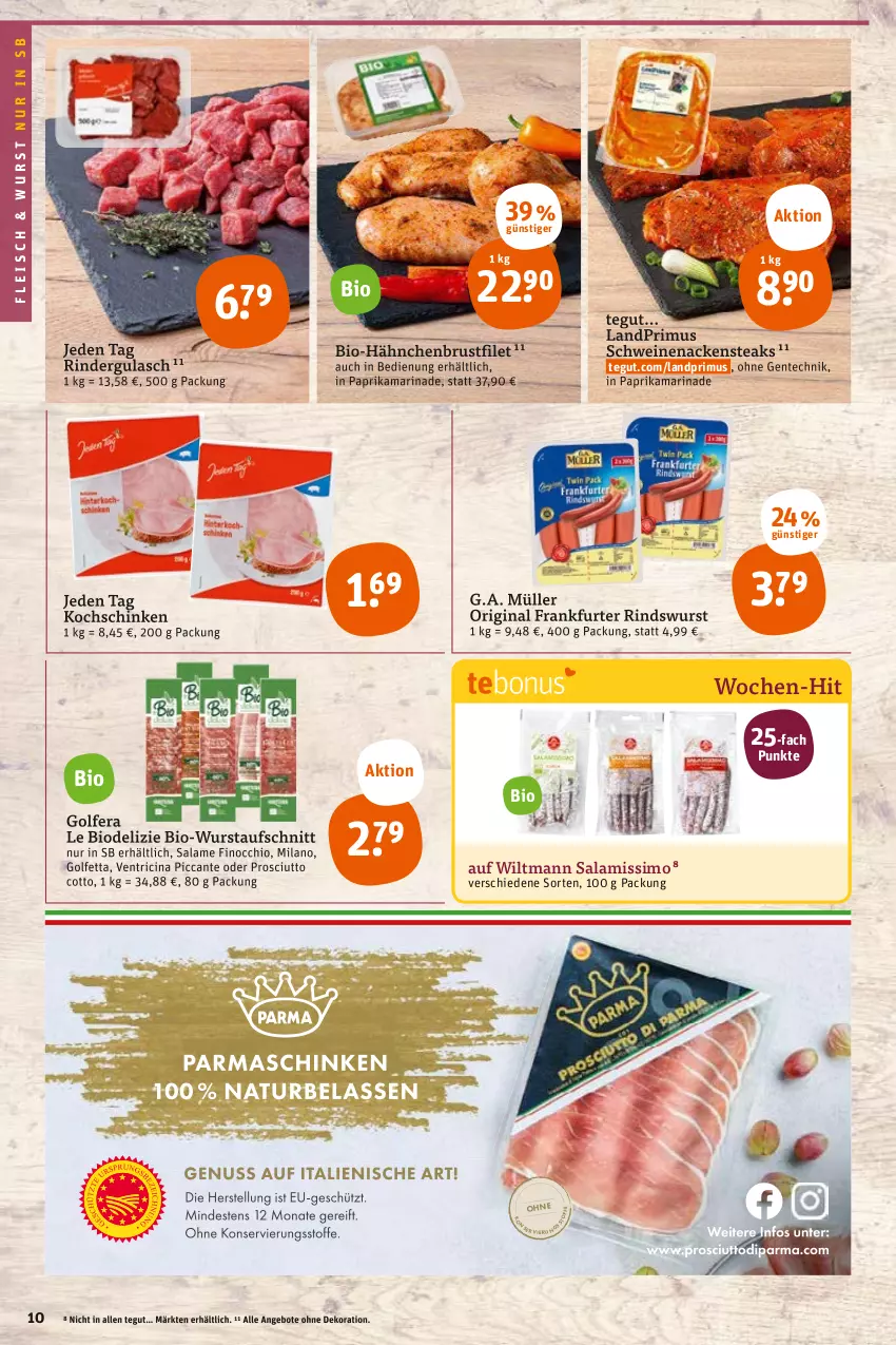 Aktueller Prospekt Tegut - Angebote der Woche - von 17.10 bis 22.10.2022 - strona 12 - produkty: angebot, angebote, aufschnitt, bio, brustfilet, cin, dekoration, eis, ente, filet, fleisch, frankfurter, gin, gulasch, hähnchenbrust, hähnchenbrustfilet, kochschinken, landprimus, marinade, Müller, Nackensteak, nackensteaks, paprika, prosciutto, prosciutto cotto, rind, rinder, rindergulasch, salami, schinken, schwein, schweine, schweinenacken, sim, steak, steaks, Ti, wein, weine, wiltmann, wurst