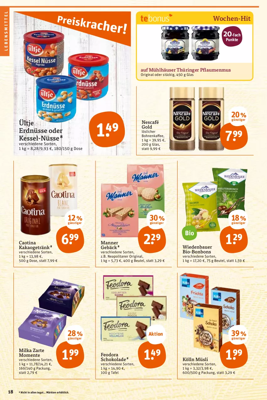 Aktueller Prospekt Tegut - Angebote der Woche - von 17.10 bis 22.10.2022 - strona 20 - produkty: auer, Bau, Bauer, beutel, bio, bohne, bohnen, bonbons, ente, erdnüsse, getränk, gin, kakao, kölln, lebensmittel, Manner, milka, mühlhäuser, müsli, Nescafé, nescafé gold, pflaume, pflaumen, pflaumenmus, ring, schoko, schokolade, Ti, ültje, ültje erdnüsse