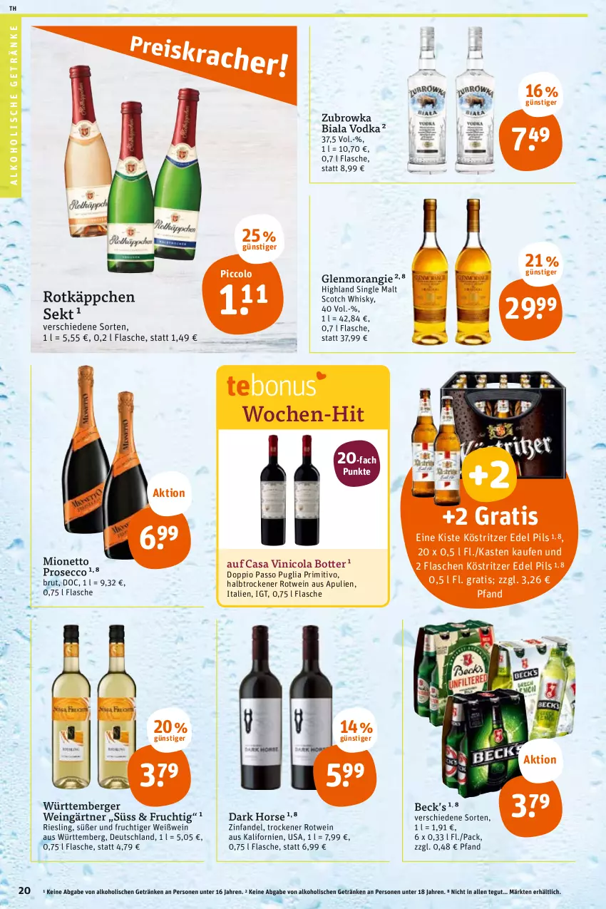 Aktueller Prospekt Tegut - Angebote der Woche - von 17.10 bis 22.10.2022 - strona 22 - produkty: alkohol, alkoholische getränke, Berger, brut, cola, doppio passo, ecco, flasche, frucht, getränk, getränke, köstritzer, mionetto, passo, pils, primitivo, prosecco, riesling, rotkäppchen, rotwein, scotch, scotch whisky, sekt, single malt, Ti, vodka, wein, Weißwein, whisky