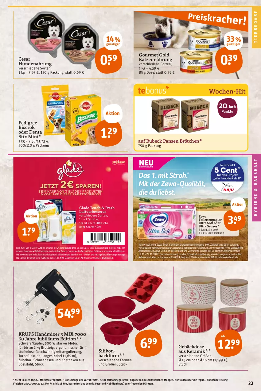 Aktueller Prospekt Tegut - Angebote der Woche - von 17.10 bis 22.10.2022 - strona 25 - produkty: Backform, Brei, brot, brötchen, coupon, coupons, edelstahl, erde, flasche, gin, Glade, gourmet gold, handmixer, hundenahrung, Jubiläums, katzennahrung, krups, Manner, Mett, Mixer, papier, pedigree, Schneebesen, sofortrabatt, telefon, Ti, tierbedarf, toilettenpapier, uhr, zewa