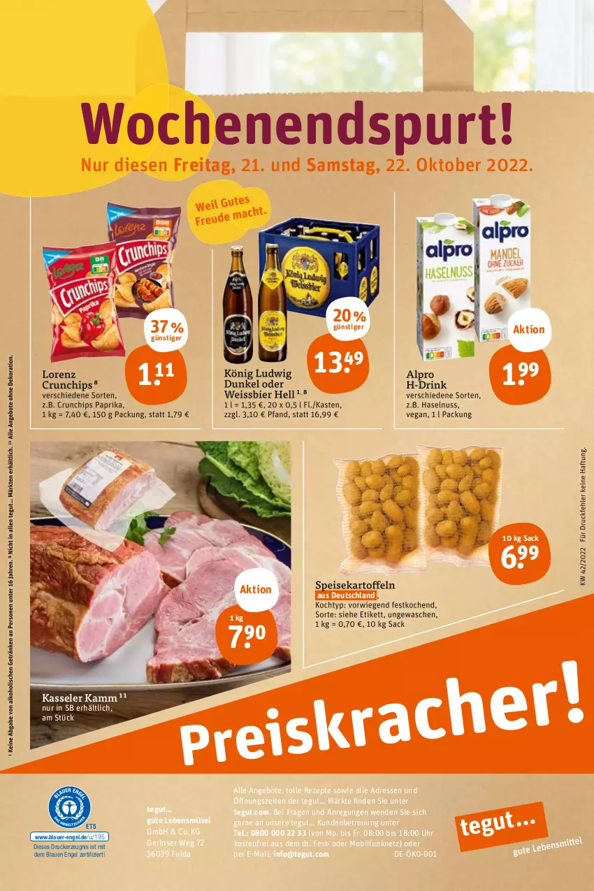 Aktueller Prospekt Tegut - Angebote der Woche - von 17.10 bis 22.10.2022 - strona 26 - produkty: alkohol, alpro, angebot, angebote, auer, bier, chips, crunchips, dekoration, drink, drucker, eis, Engel, Fulda, getränk, getränke, haselnuss, kartoffel, kartoffeln, kasseler, kerze, lebensmittel, lorenz, lorenz crunchips, nuss, paprika, rezept, rezepte, sac, speisekartoffeln, Ti, uhr, weissbier