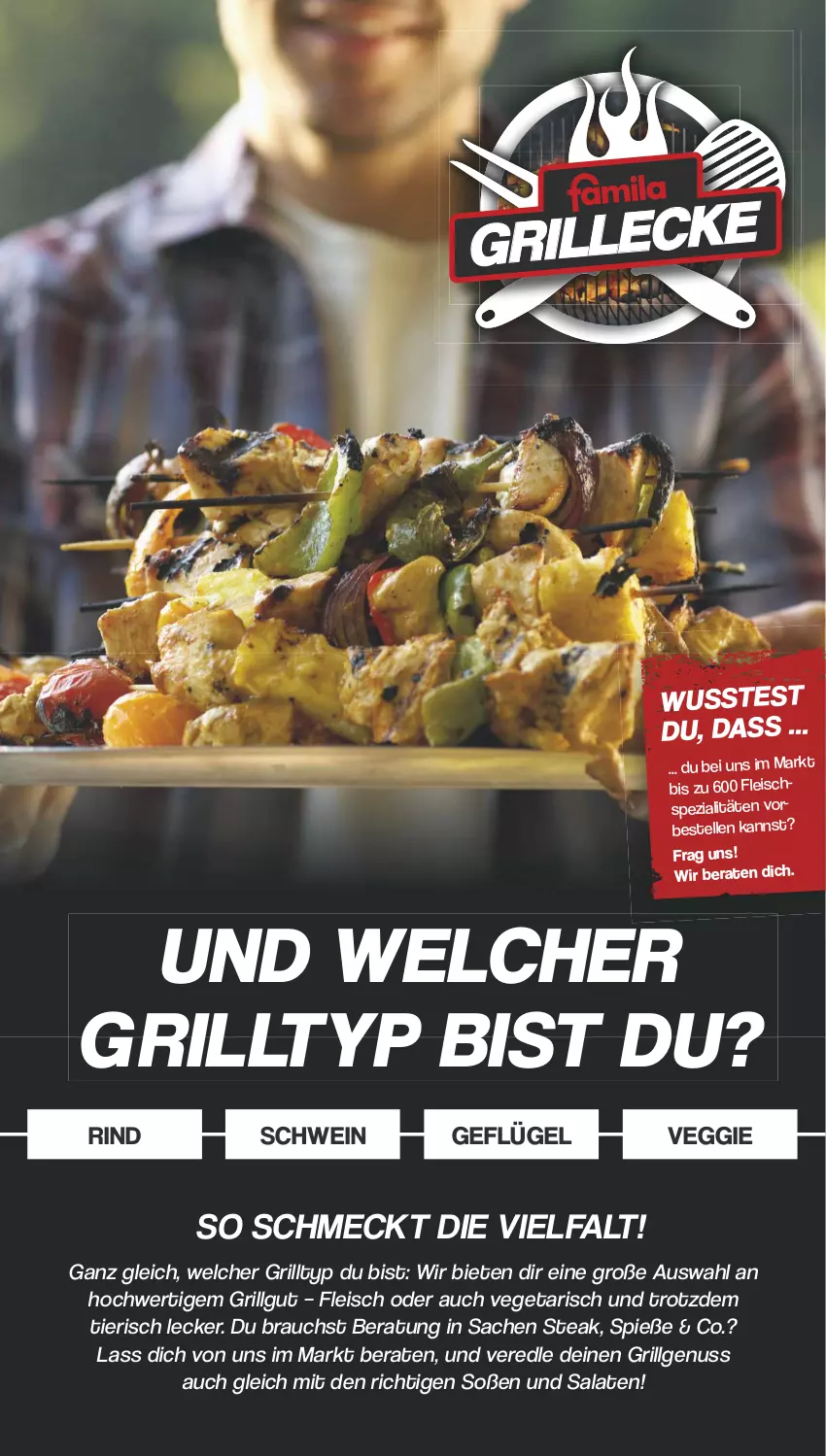 Aktueller Prospekt Famila - Prospekte - von 22.04 bis 27.04.2024 - strona 1 - produkty: eis, elle, fleisch, Geflügel, grill, LG, nuss, Rauch, rind, sac, salat, salate, schwein, Soße, Spezi, steak, Ti, Vegeta, veggie, wein