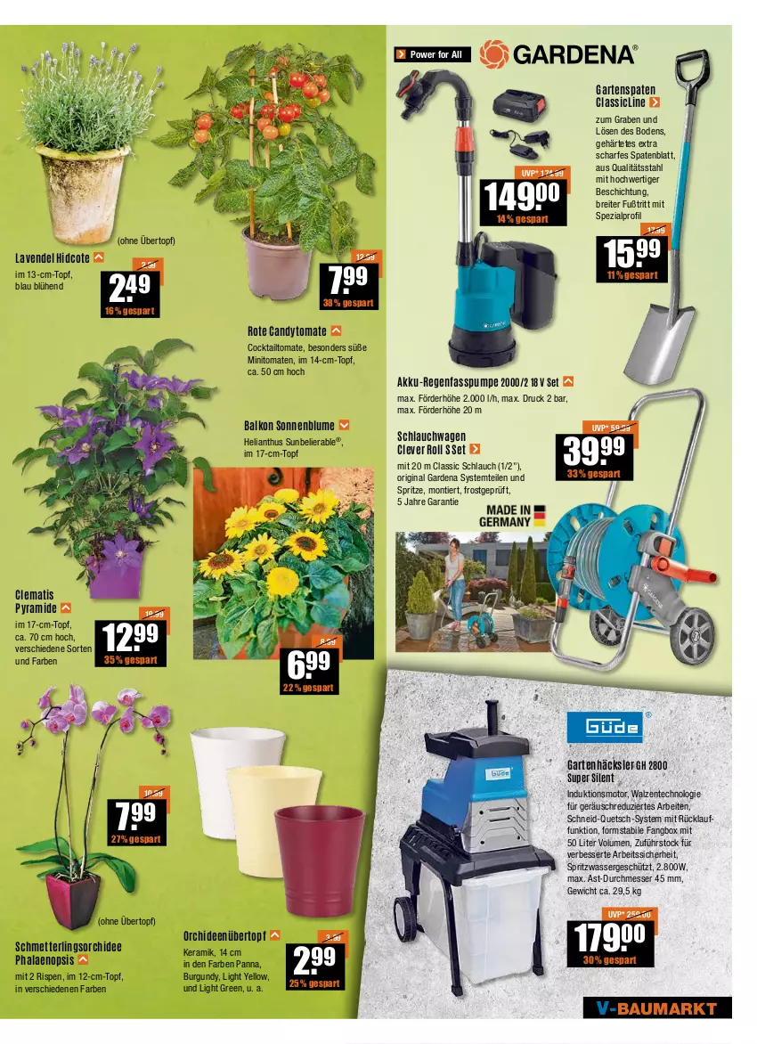 Aktueller Prospekt Vmarkt - V-Baumarkt - von 05.05 bis 11.05.2022 - strona 3 - produkty: akku, Akku-Regenfasspumpe, alpro, Bau, blume, Brei, Clin, cocktail, ente, gardena, Garten, Gartenhäcksler, gin, lavendel, lavendel hidcote, messer, Mett, orchidee, orchideen, phalaenopsis, schlauch, schlauchwagen, Schmetterling, schmetterlingsorchidee, sonnenblume, Spaten, Spezi, Ti, tomate, tomaten, topf, übertopf, wasser