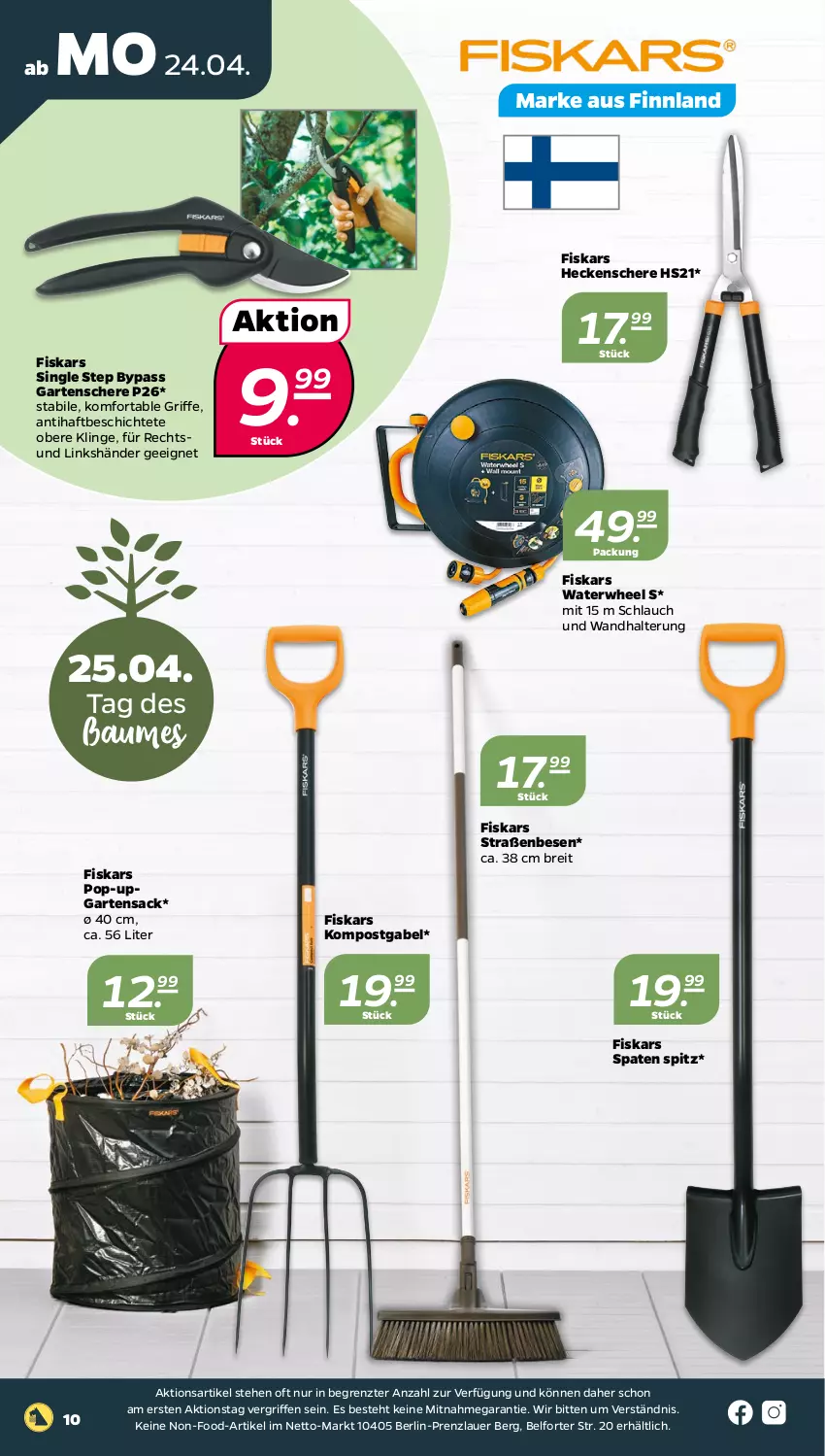 Aktueller Prospekt Netto - Woche 17 - von 24.04 bis 29.04.2023 - strona 10 - produkty: auer, Bau, Brei, fiskars, gabel, Garten, Gartensack, Gartenschere, heckenschere, sac, Schere, schlauch, Spaten, Ti, wandhalterung, ZTE