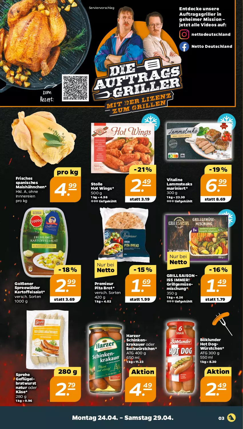 Aktueller Prospekt Netto - Woche 17 - von 24.04 bis 29.04.2023 - strona 3 - produkty: auer, böklunder, bratwurst, brot, decke, deo, eimer, Geflügel, grill, hot dog, kartoffel, kartoffelsalat, Käse, krakauer, lamm, LG, mais, natur, rezept, salat, schinken, schinkenkrakauer, spreewälder, steak, steaks, Ti, vita, wurst, würstchen