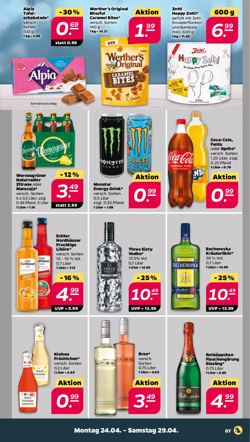 Aktueller Prospekt Netto - Woche 17 - von 24.04 bis 29.04.2023 - strona 7 - produkty: alpia, Becher, Becherovka, bites, bree, caramel, coca-cola, cola, drink, energy drink, fanta, fanta oder, fanta oder sprite, flasche, frucht, gin, hero, Knusperflocken, kräuter, kräuterlikör, leine, likör, maracuja, monster, Monster Energy, natur, oder sprite, radler, riesling, rotkäppchen, schoko, schokolade, sprite, tafelschokolade, Three Sixty, Ti, vodka, zitrone