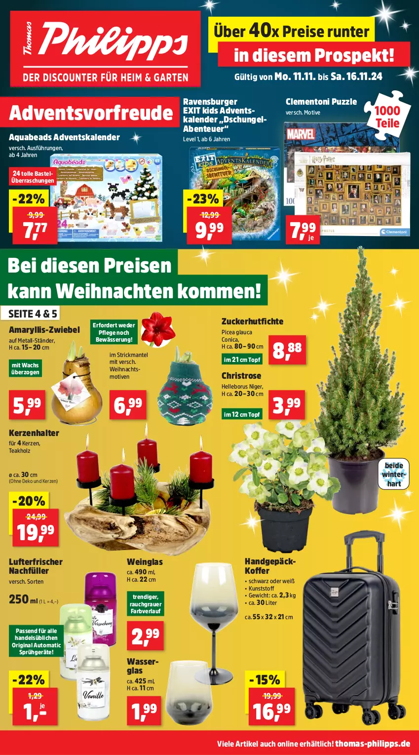 Aktueller Prospekt Thomas Philipps - von 11.11 bis 16.11.2024 - strona 1 - produkty: Adventskalender, aqua, auer, auto, burger, eis, elle, ente, gin, Holz, kerze, Kerzenhalter, koffer, lufterfrischer, Mantel, passend für alle, Puzzle, Rauch, ravensburger, reis, Ti, topf, wasser, weihnachten, wein, zucker, zwiebel