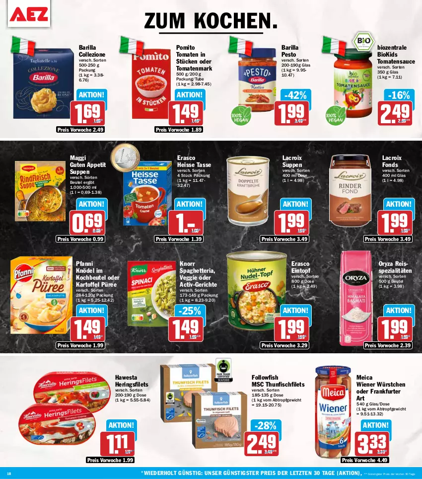 Aktueller Prospekt Aez - Prospekte - von 07.09 bis 12.09.2026 - strona 10 - produkty: barilla, beutel, bio, eintopf, eis, erasco, filet, filets, fisch, followfish, frankfurter, hawesta, hering, Herings, heringsfilets, kartoffel, Knödel, knorr, kochbeutel, maggi, meica, oryza, pesto, pfanni, pomito, püree, reis, reiss, Ria, ring, sauce, Spezi, suppe, suppen, tasse, thunfisch, Ti, tomate, tomaten, tomatenmark, tomatensauce, topf, veggie, wiener, wiener würstchen, würstchen, ZTE