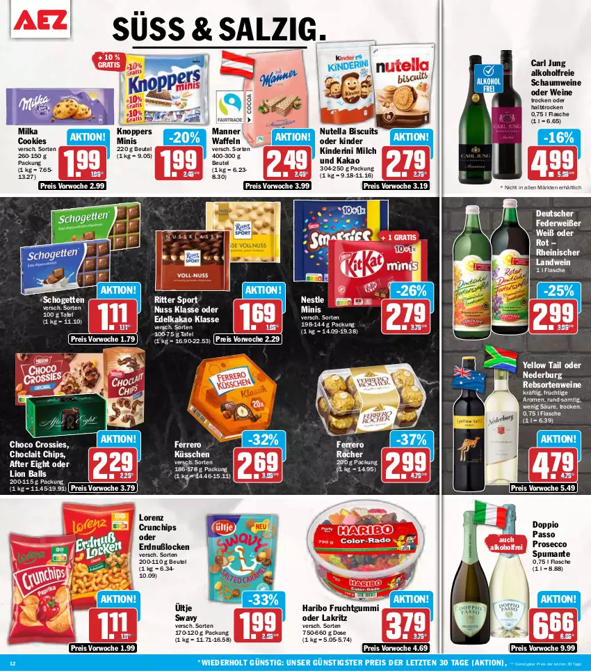 Aktueller Prospekt Aez - Prospekte - von 07.09 bis 12.09.2026 - strona 12 - produkty: after eight, alkohol, ball, beutel, chips, choclait chips, choco crossies, cookie, cookies, crossies, crunchips, doppio passo, ecco, eis, ferrero, Ferrero Küsschen, Ferrero Rocher, flasche, frucht, fruchtgummi, haribo, kakao, Kinder, knoppers, Lakritz, lion, lorenz, lorenz crunchips, Manner, milch, milka, nederburg, nuss, nutella, oder lakritz, passo, prosecco, puma, rebsortenweine, reis, ritter, ritter sport, rwe, salz, schogetten, Sport, spumante, Ti, ültje, waffeln, wein, weine, yellow tail, ZTE