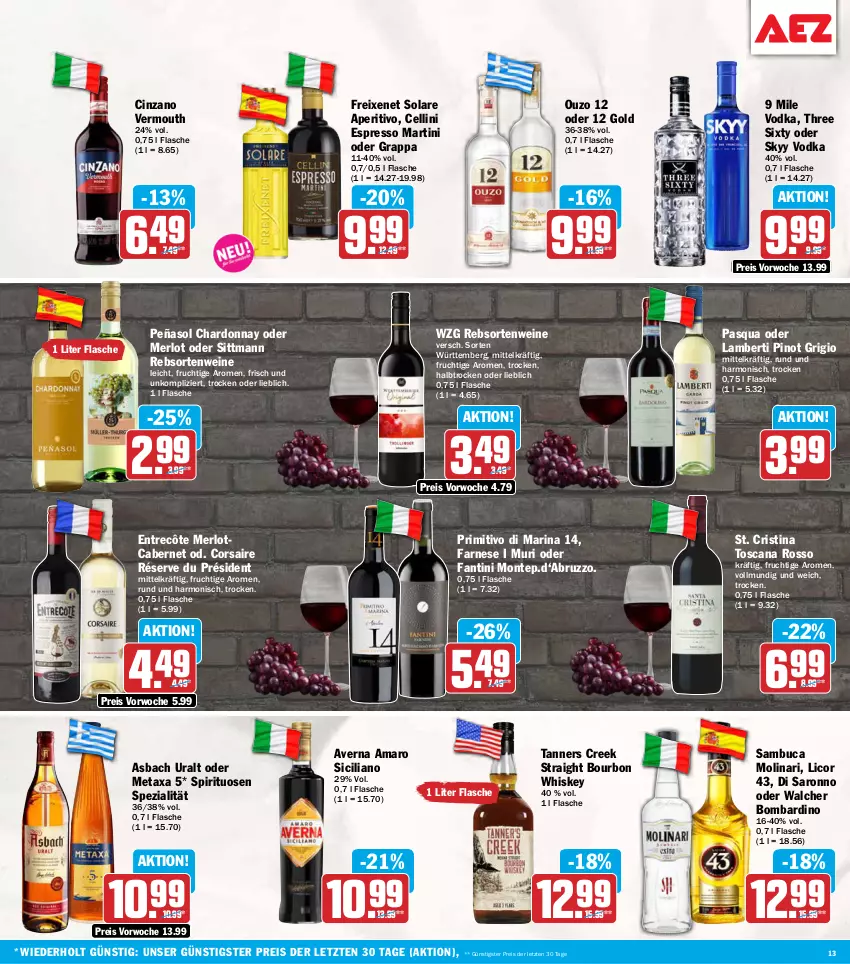 Aktueller Prospekt Aez - Prospekte - von 07.09 bis 12.09.2026 - strona 13 - produkty: amaro, Amber, asbach uralt, averna, bourbon, bourbon whiskey, cabernet, chardonnay, cin, cinzano, Corsaire, eis, entrecôte, espresso, flasche, freixenet, frucht, grappa, licor, licor 43, martini, merl, merlot, Metaxa, Molinari, monte, ouzo, ouzo 12, Pinot, pinot grigio, primitivo, rebsortenweine, reis, sambuca, saro, skyy, Skyy Vodka, Spezi, spirituosen, Three Sixty, Ti, Vermouth, vodka, wein, weine, whiskey, ZTE