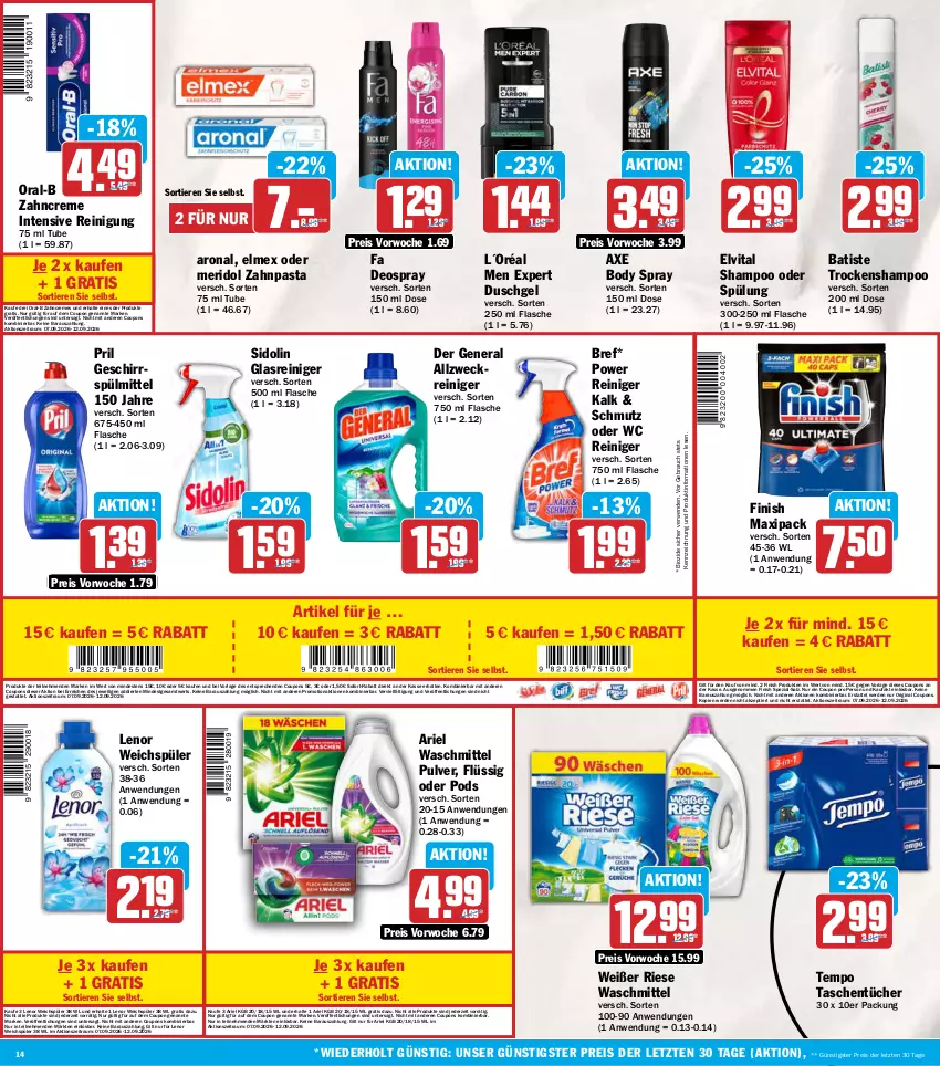 Aktueller Prospekt Aez - Prospekte - von 07.09 bis 12.09.2026 - strona 14 - produkty: allzweckreiniger, ariel, ariel waschmittel, axe, bio, body, Bref, coupon, coupons, creme, deo, deospray, duschgel, eis, elmex, elvital, erde, Finish, flasche, geschirr, geschirrspülmittel, gin, Glasreiniger, L´Oréal, lenor, lenor weichspüler, meridol, oral-b, pasta, Pods, pril, Rauch, reiniger, Reinigung, reis, rwe, salz, shampoo, shampoo oder spülung, sidolin, sofort-rabatt, Spezi, spülmittel, spülung, Tasche, taschen, taschentücher, Tempo, Ti, Tiere, Trockenshampoo, tücher, vita, waschmittel, weck, weichspüler, zahncreme, zahnpasta, ZTE
