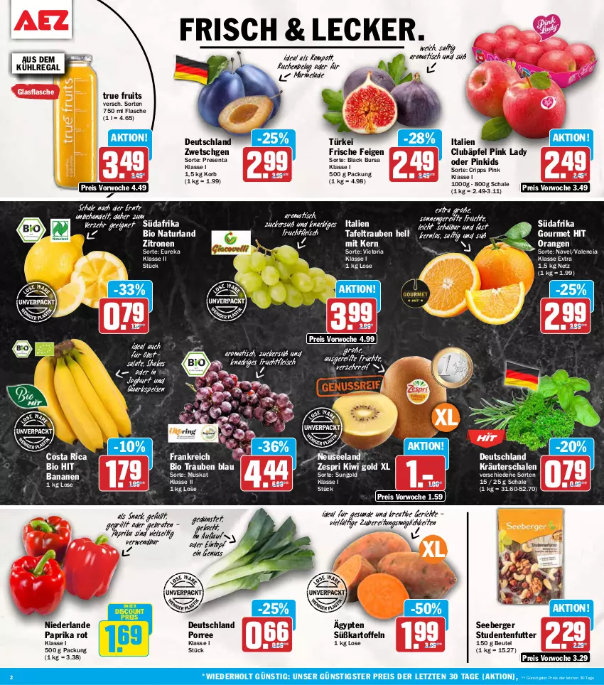Aktueller Prospekt Aez - Prospekte - von 07.09 bis 12.09.2026 - strona 2 - produkty: auer, aus dem kühlregal, banane, bananen, Berger, beutel, bio, bio hit, braten, discount, eintopf, eis, Elan, ente, Feigen, flasche, fleisch, frucht, früchte, fruchtfleisch, glasflasche, grill, joghur, joghurt, kartoffel, kartoffeln, kiwi, Kiwi Gold, korb, kräuter, kuchen, kühlregal, lack, marmelade, natur, naturland, nuss, obst, orange, orangen, paprika, paprika rot, Pink Lady, quark, regal, reis, Ria, rwe, saft, salat, salate, Schal, Schale, seeberger, shake, snack, studentenfutter, Süßkartoffeln, tafeltrauben, Ti, tisch, topf, trauben, true fruits, zespri, zitrone, zitronen, ZTE, zucker