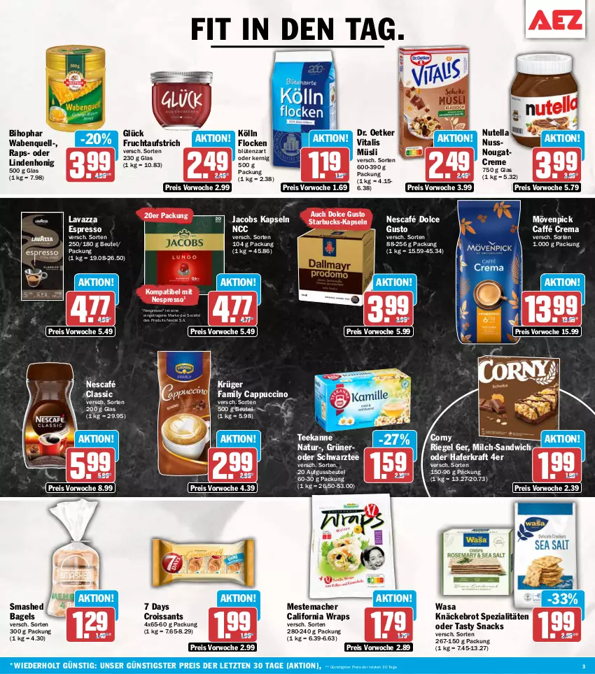 Aktueller Prospekt Aez - Prospekte - von 07.09 bis 12.09.2026 - strona 3 - produkty: aufstrich, Bagel, beutel, bihophar, Blüte, brot, Cap, cappuccino, cin, corny, creme, Croissant, croissants, dolce gusto, Dr. Oetker, eis, espresso, frucht, fruchtaufstrich, hafer, honig, jacobs, knäckebrot, kölln, kraft, krüger, lavazza, mac, mestemacher, milch, mövenpick, müsli, natur, nero, Nescafé, nespresso, nestlé, Nougatcreme, nuss, nutella, reis, riegel, sandwich, snack, snacks, Spezi, starbucks, tee, teekanne, Ti, vita, vitalis, wasa, wrap, wraps, ZTE