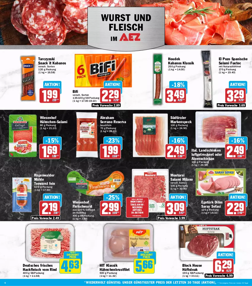 Aktueller Prospekt Aez - Prospekte - von 07.09 bis 12.09.2026 - strona 4 - produkty: auer, bifi, brustfilet, discount, eis, filet, fleisch, fleischwurst, Geflügel, hackfleisch, hähnchenbrust, hähnchenbrustfilet, houdek, hüftsteak, kabanos, landschinken, montorsi, natur, reis, rind, ring, rügenwalder, rügenwalder mühle, salami, schinken, serrano, snack, Speck, steak, südtiroler, tee, teewurst, Ti, wiesenhof, wurst, ZTE