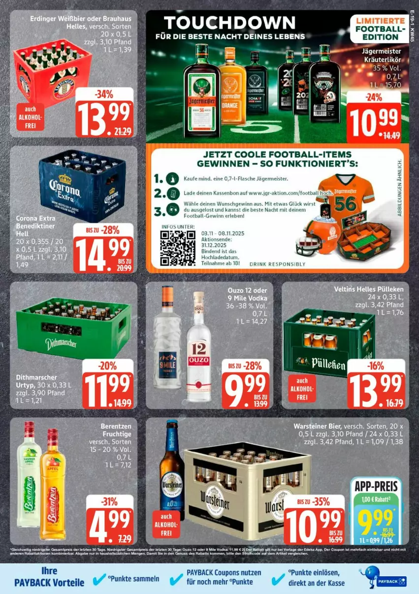 Aktueller Prospekt Edeka - Prospekte - von 03.11 bis 08.11.2025 - strona 19 - produkty: ball, binden, coupon, coupons, drink, eis, flasche, Germ, jägermeister, Meister, nuss, payback, tee, Ti