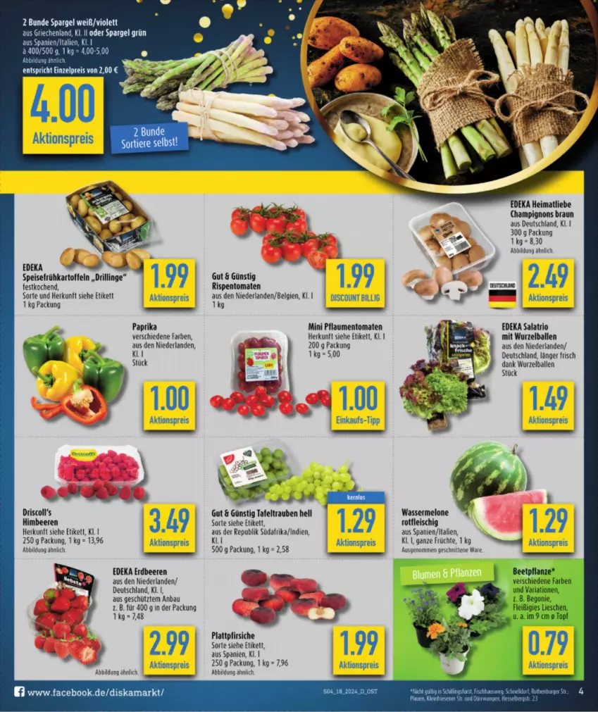 Aktueller Prospekt Diska - von 29.04 bis 04.05.2024 - strona 4 - produkty: aktionspreis, ball, Bau, beere, beeren, braun, champignon, champignons, champignons braun, deka, discount, eis, erdbeere, erdbeeren, fleisch, früchte, Frühkartoffeln, himbeer, himbeere, himbeeren, kartoffel, kartoffeln, LG, melone, paprika, pfirsich, pfirsiche, pflaume, pflaumen, plattpfirsiche, reis, rispentomaten, salat, schnitten, spargel, speisefrühkartoffeln, Ti, tomate, tomaten, wasser, wassermelone, ZTE