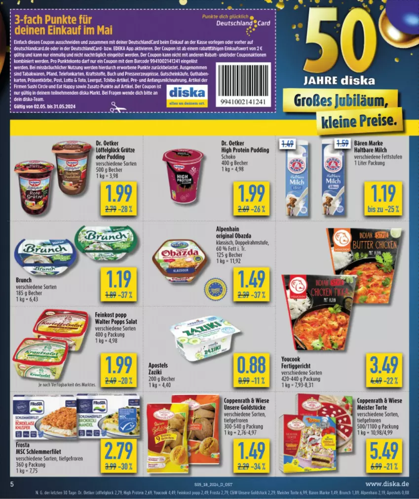 Aktueller Prospekt Diska - von 29.04 bis 04.05.2024 - strona 5 - produkty: Alpenhain, apostels, ball, Becher, bett, brokkoli, coppenrath, coupon, deka, deutschlandcard, doppelrahmstufe, Dr. Oetker, eier, eis, ente, erde, feinkost, fertiggericht, filet, gin, Goldstücke, grütze, haltbare milch, leine, LG, Löffel, Meister, Meister Torte, milch, obazda, Popp, pudding, reis, salat, schlemmerfilet, schoko, tee, Ti, torte, Yo, YouCook