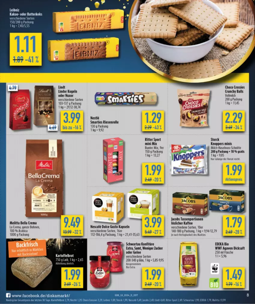 Aktueller Prospekt Diska - von 29.04 bis 04.05.2024 - strona 8 - produkty: agaven, aktionspreis, ball, bio, bohne, bohnen, brot, butter, butterkeks, deka, dicksaft, dolce gusto, edeka bio, eis, flasche, gelee, haselnuss, jacobs, kaffee, kakao, kartoffel, Kartoffelbrot, keks, knoppers, Kugel, leibniz, lindor, löslicher kaffee, melitta, milch, nescafe, nuss, reis, ritter, ritter sport, saft, smarties, Sport, storck, tasse, tee, Ti, vollmilch, ZTE, zucker