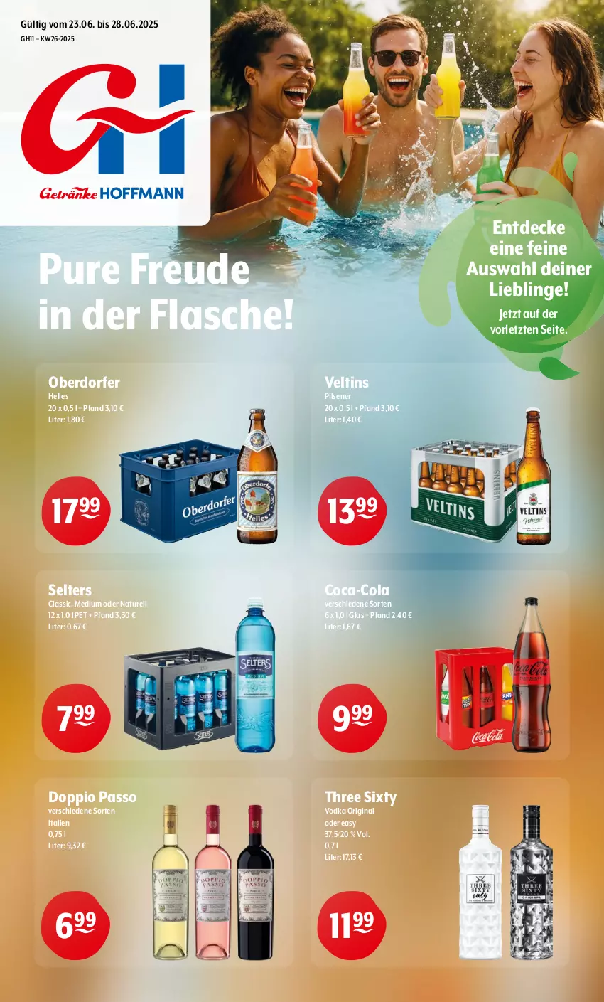Aktueller Prospekt Getraenke Hoffmann - Prospekte - von 23.06 bis 28.06.2025 - strona 1 - produkty: coca-cola, cola, decke, doppio passo, elle, flasche, gin, natur, passo, pils, pilsener, rel, Selters, Three Sixty, Ti, veltins, vodka, ZTE
