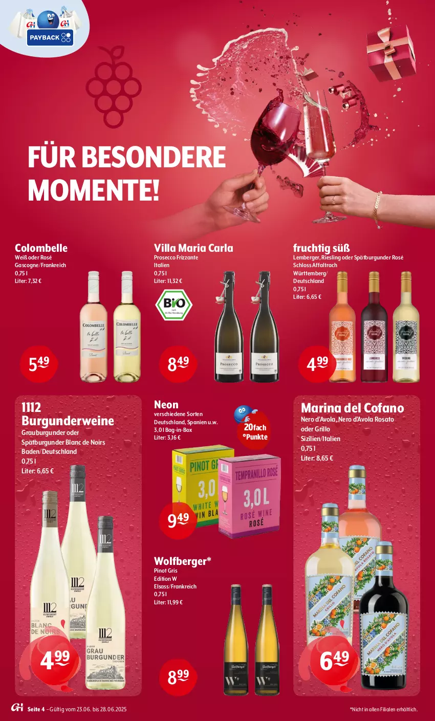 Aktueller Prospekt Getraenke Hoffmann - Prospekte - von 23.06 bis 28.06.2025 - strona 4 - produkty: arla, Bad, bag-in-box, Berger, burgunder, ecco, elle, ente, frizzante, frucht, grauburgunder, grill, grillo, nero, Pinot, prosecco, Ria, riesling, rosato, rwe, spätburgunder, Ti, wein, weine