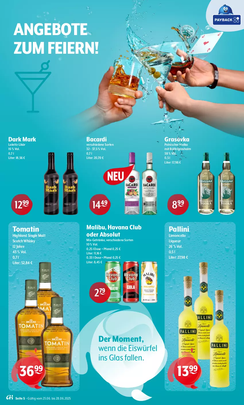Aktueller Prospekt Getraenke Hoffmann - Prospekte - von 23.06 bis 28.06.2025 - strona 5 - produkty: angebot, angebote, bacardi, eier, eis, eiswürfel, getränk, getränke, Havana Club, Lakritz, LG, likör, limo, liqueur, Malibu, scotch, scotch whisky, single malt, Ti, Tomatin, vodka, whisky, würfel