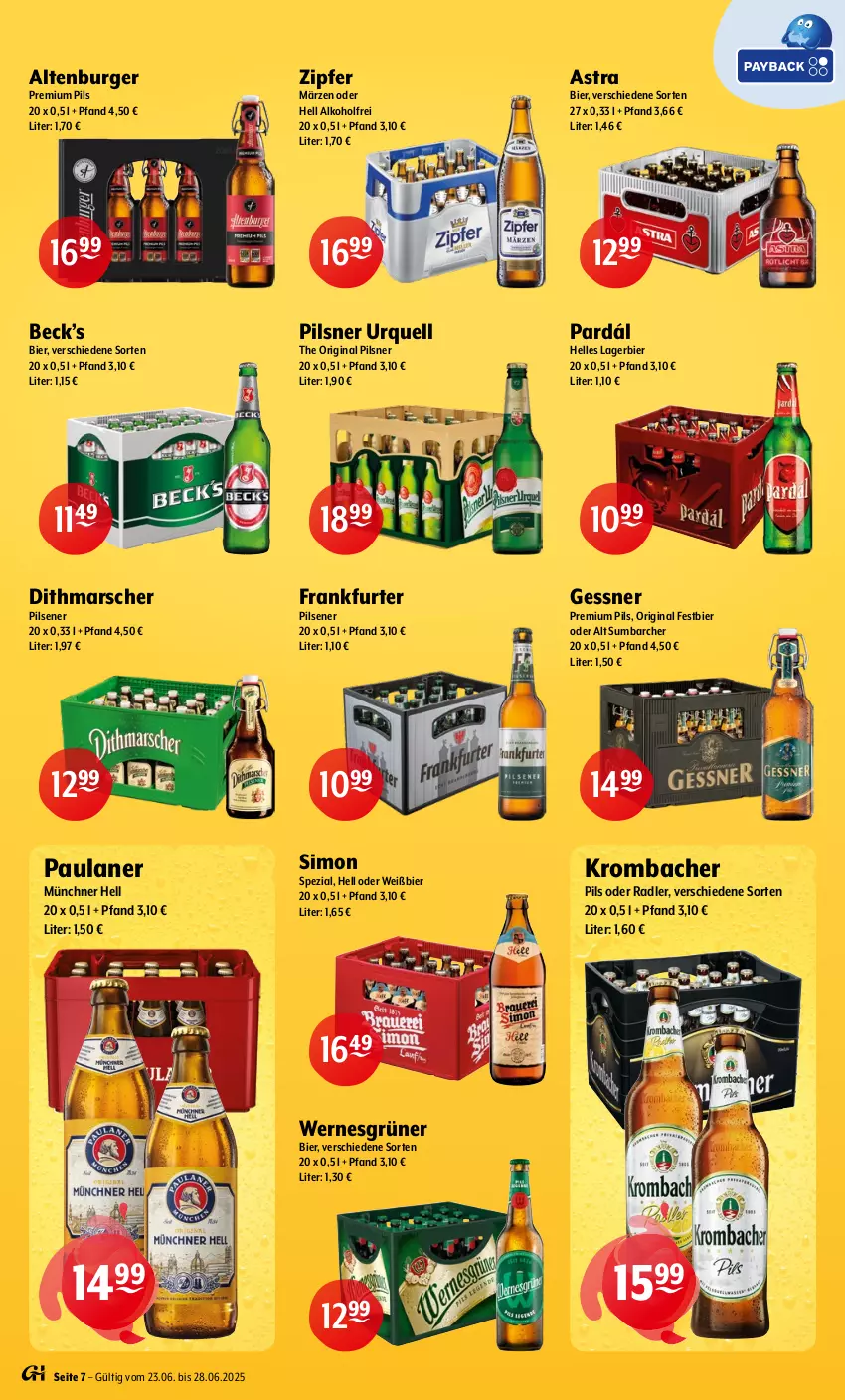 Aktueller Prospekt Getraenke Hoffmann - Prospekte - von 23.06 bis 28.06.2025 - strona 7 - produkty: alkohol, altenburger, Astra, bier, burger, elle, frankfurter, Gessner, gin, krombache, krombacher, krombacher pils, Lagerbier, mars, oder radler, Paula, paulaner, pils, pilsener, pilsner, pilsner urquell, premium pils, radler, sim, Spezi, Ti, Zipfer
