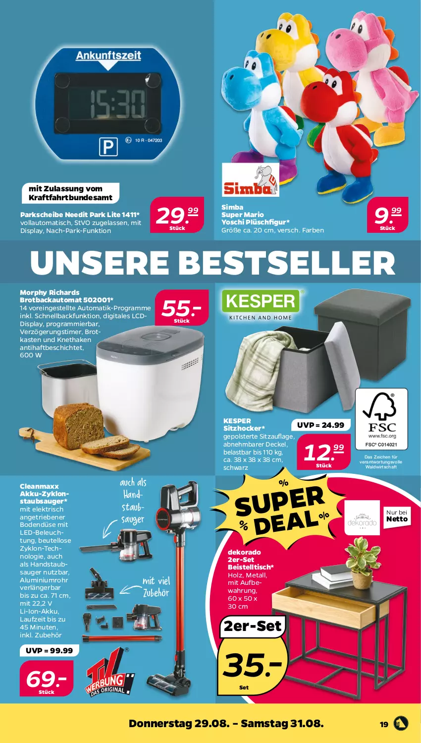 Aktueller Prospekt Netto - Woche 35 - von 26.08 bis 31.08.2024 - strona 19 - produkty: akku, auto, beistelltisch, beleuchtung, beutel, brot, Brotbackautomat, Brotkasten, cleanmaxx, decke, Deckel, eis, elle, handstaubsauger, hocker, Holz, kesper, kraft, led-beleuchtung, li-ion-akku, mit led-beleuchtung, Plüsch, sim, simba, Sitzauflage, staubsauger, Ti, timer, tisch, Yo