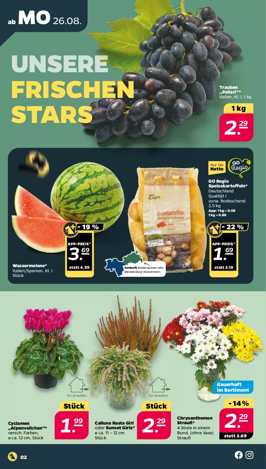 Aktueller Prospekt Netto - Woche 35 - von 26.08 bis 31.08.2024 - strona 2 - produkty: Alpenveilchen, auer, chrysanthemen, eis, kartoffel, kartoffeln, melone, reis, sac, speisekartoffeln, Ti, trauben, Vase, wasser, wassermelone