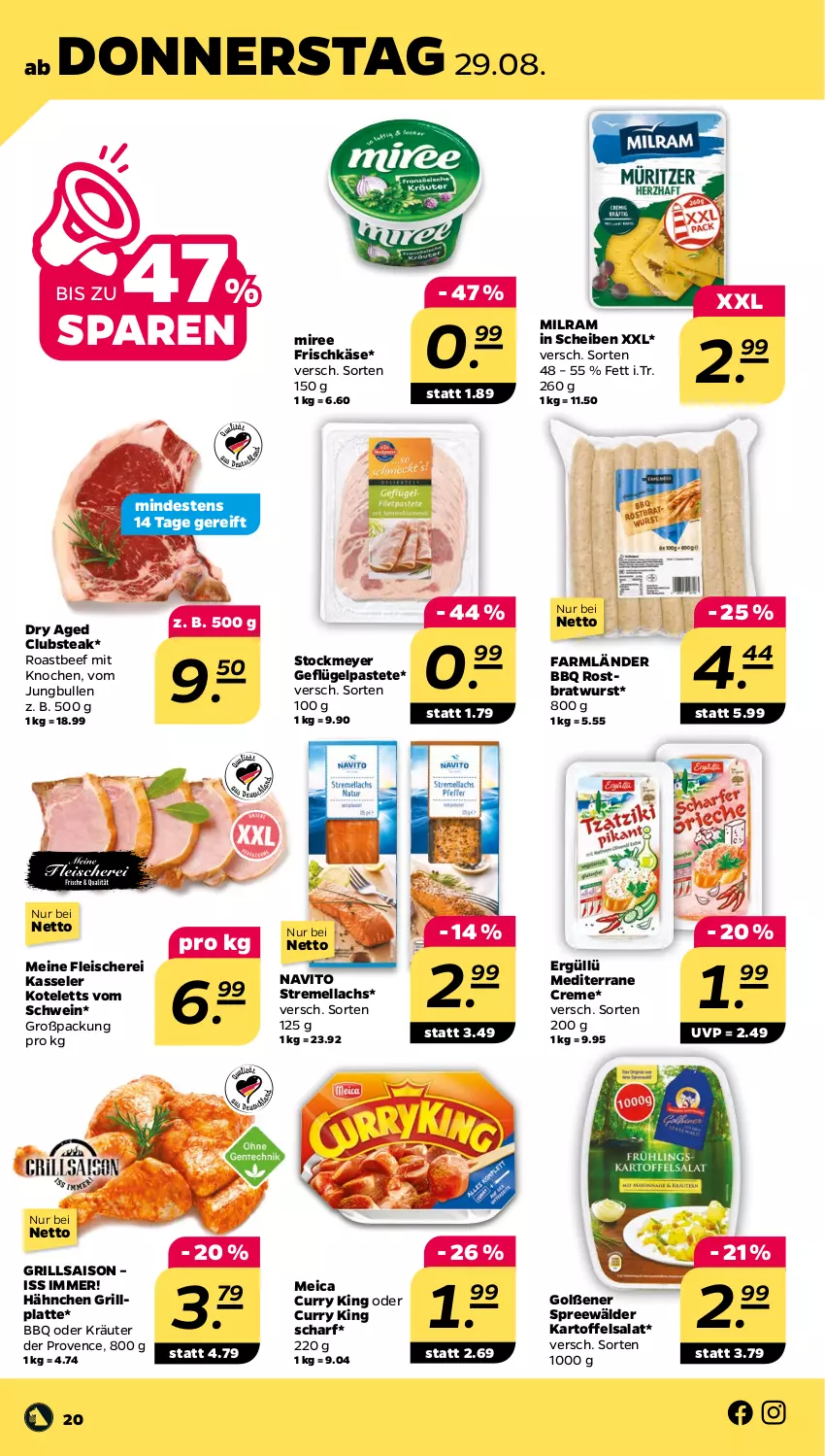 Aktueller Prospekt Netto - Woche 35 - von 26.08 bis 31.08.2024 - strona 20 - produkty: beef, bratwurst, creme, curry, eis, fleisch, Fleischerei, frischkäse, Geflügel, grill, grillplatte, jungbullen, kartoffel, kartoffelsalat, Käse, kasseler, kotelett, kräuter, lachs, latte, meica, milram, miree, oder kräuter, pastete, roastbeef, rostbratwurst, salat, Schere, schwein, spreewälder, steak, stockmeyer, wein, wurst