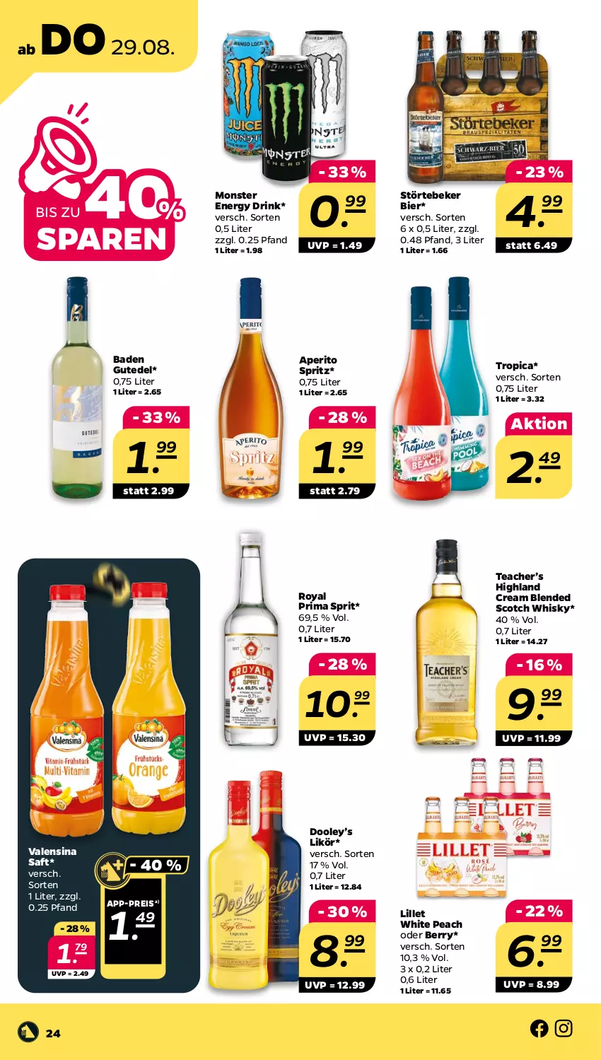 Aktueller Prospekt Netto - Woche 35 - von 26.08 bis 31.08.2024 - strona 24 - produkty: Bad, bier, blended scotch, blended scotch whisky, drink, eis, energy drink, likör, lillet, monster, Monster Energy, reis, saft, scotch, scotch whisky, störtebeker, Ti, valensina, whisky