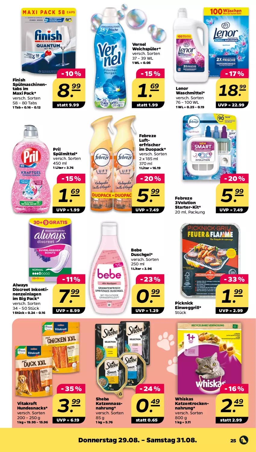 Aktueller Prospekt Netto - Woche 35 - von 26.08 bis 31.08.2024 - strona 25 - produkty: Alwa, Always, Bebe, Discreet, duschgel, Einweggrill, febreze, Finish, grill, hundesnack, hundesnacks, kraft, lenor, lenor waschmittel, lufterfrischer, Nassnahrung, pril, sheba, snack, snacks, spülmaschinen, spülmaschinentabs, spülmittel, Ti, Trockennahrung, vernel, vita, vitakraft, waschmittel, weichspüler, whiskas