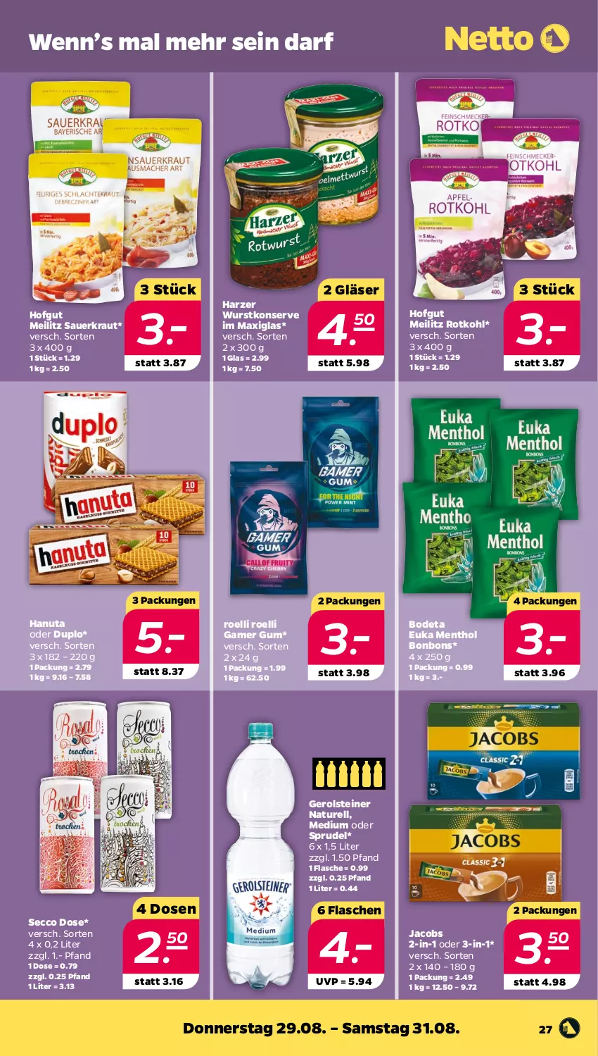 Aktueller Prospekt Netto - Woche 35 - von 26.08 bis 31.08.2024 - strona 27 - produkty: auer, bonbons, duplo, ecco, flasche, gerolsteine, gerolsteiner, Gläser, hanuta, hofgut, jacobs, Kraut, natur, rel, rotkohl, Sauerkraut, Sprudel, steiner, wurst