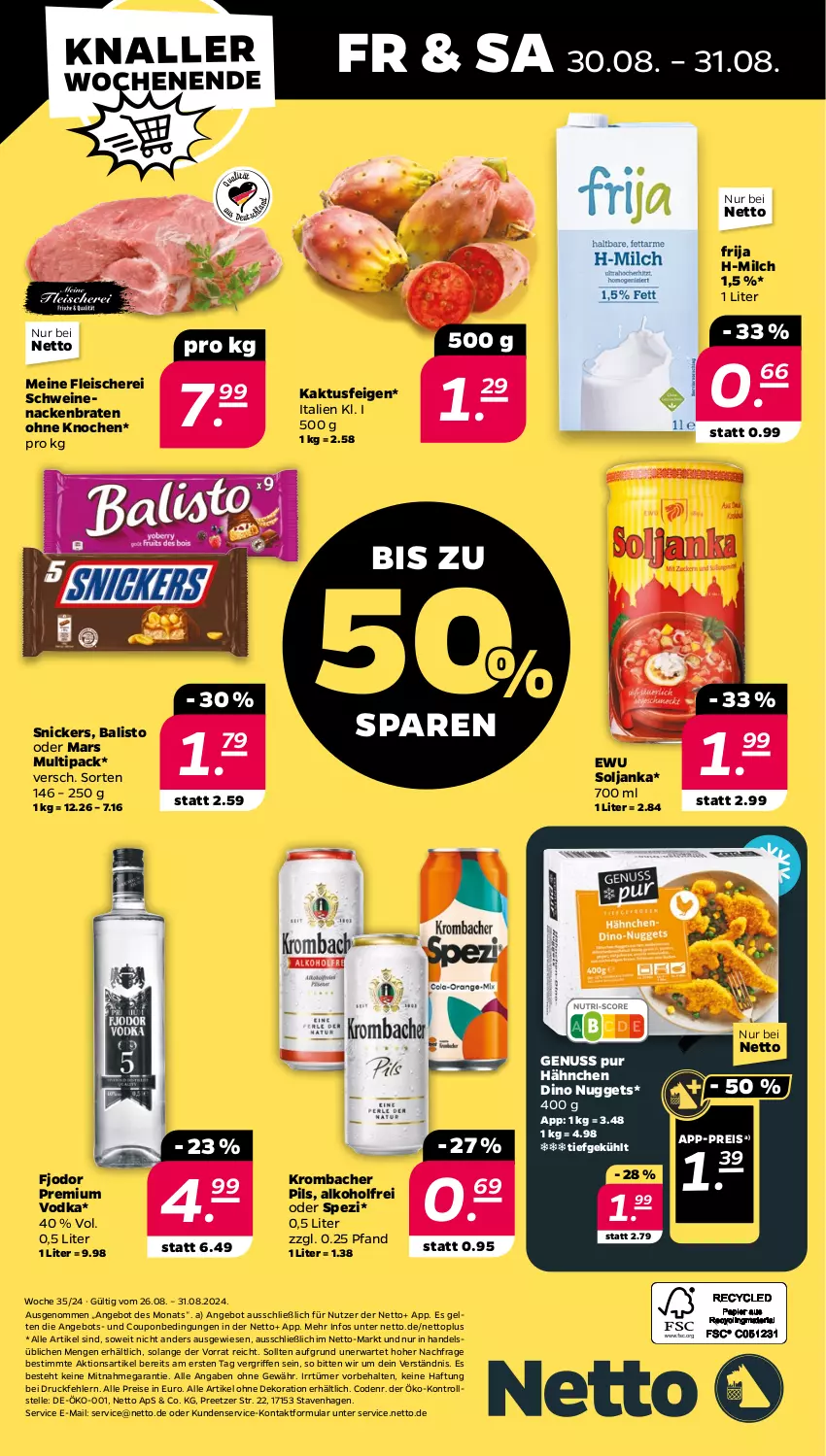 Aktueller Prospekt Netto - Woche 35 - von 26.08 bis 31.08.2024 - strona 28 - produkty: alkohol, alle artikel ohne dekoration, angebot, balisto, braten, coupon, dekoration, eis, elle, Feigen, fleisch, Fleischerei, krombache, krombacher, krombacher pils, mars, milch, nuggets, nuss, pils, premium vodka, reis, Schere, schwein, schweine, schweinenacken, snickers, Spezi, Ti, vodka, wein, weine