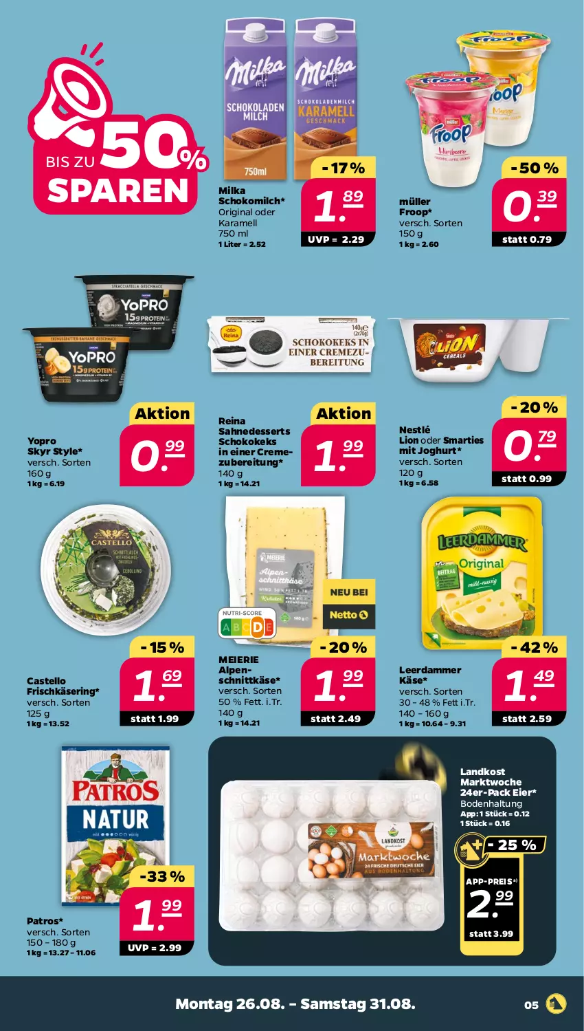 Aktueller Prospekt Netto - Woche 35 - von 26.08 bis 31.08.2024 - strona 5 - produkty: creme, dessert, desserts, eier, eis, frischkäse, froop, gin, joghur, joghurt, karamell, Käse, keks, leerdammer, lion, milch, milka, Müller, müller froop, ndk, nestlé, patros, reis, ring, sahne, schnittkäse, schoko, Schokomilch, Skyr, smarties, Ti, Yo