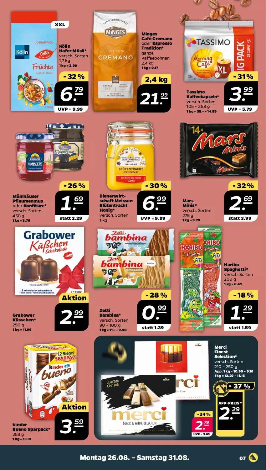 Aktueller Prospekt Netto - Woche 35 - von 26.08 bis 31.08.2024 - strona 7 - produkty: Blüte, bohne, bohnen, eis, espresso, hafer, haribo, honig, kaffee, kaffeebohnen, kaffeekapseln, Kinder, kinder bueno, kölln, konfitüre, mars, merci, mühlhäuser, müsli, oder espresso, pflaume, pflaumen, pflaumenmus, reis, sim, spaghetti, tassimo, Ti